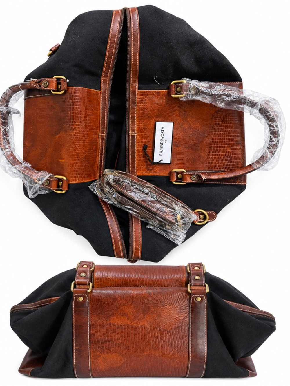 NWT F.H WADSWORTH Men’s Black and Brown Leather-Trim Weekend Duffel